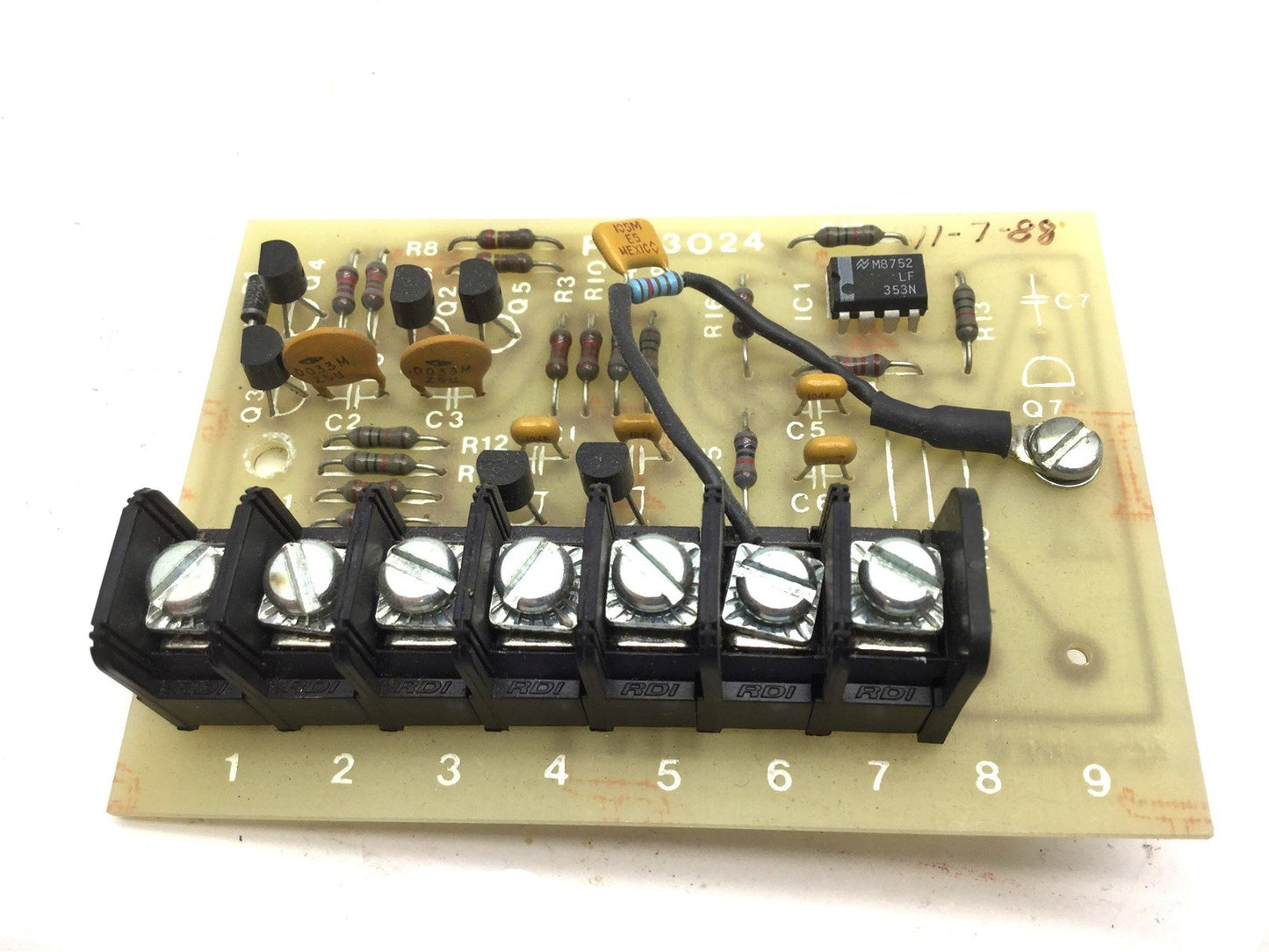 Used Accuweb PCB3024 Board 406-3601 Rev A, 7 Screw Terminals, 3.75"x2.625"x1.5"