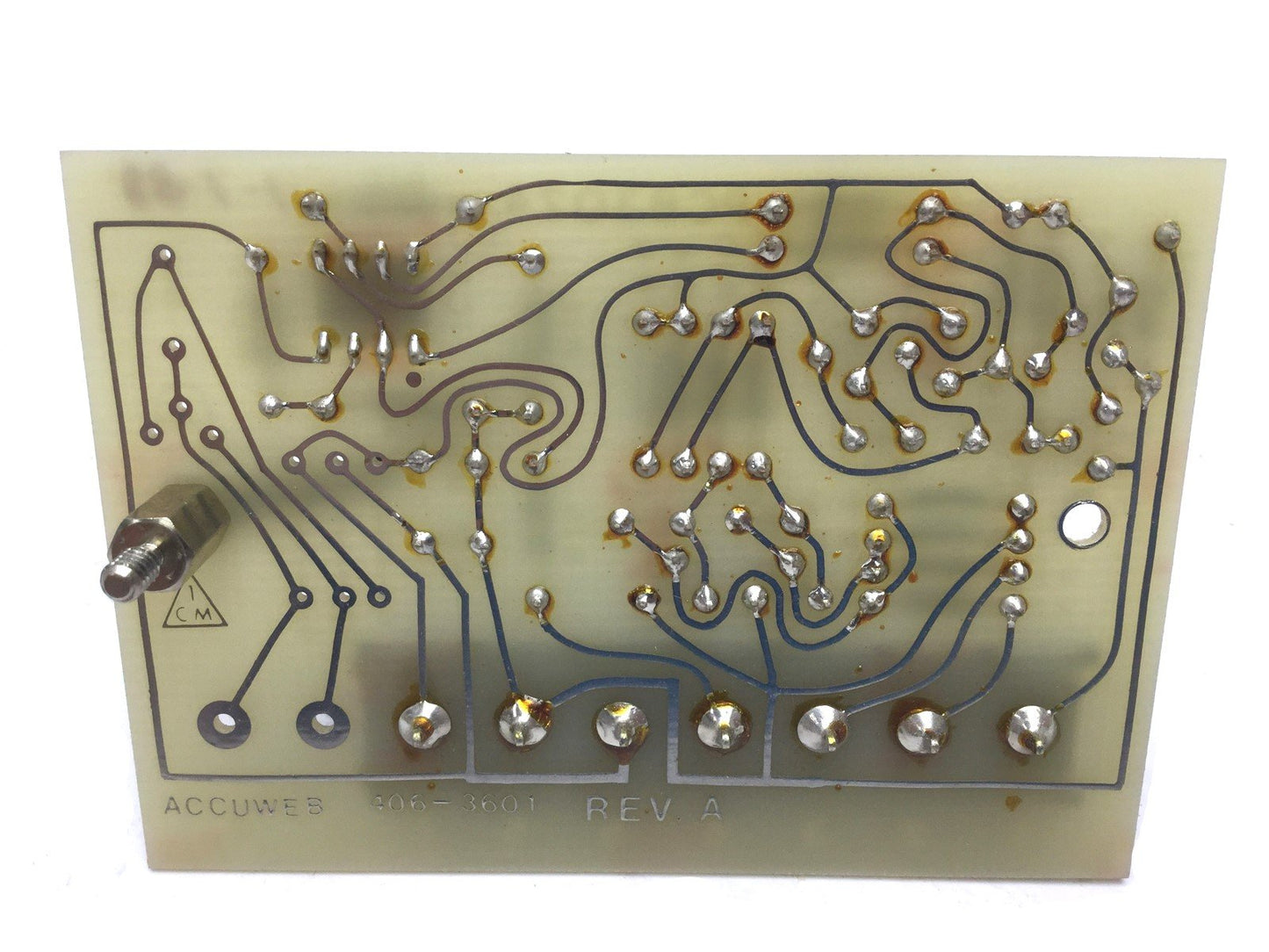 Used Accuweb PCB3024 Board 406-3601 Rev A, 7 Screw Terminals, 3.75"x2.625"x1.5"
