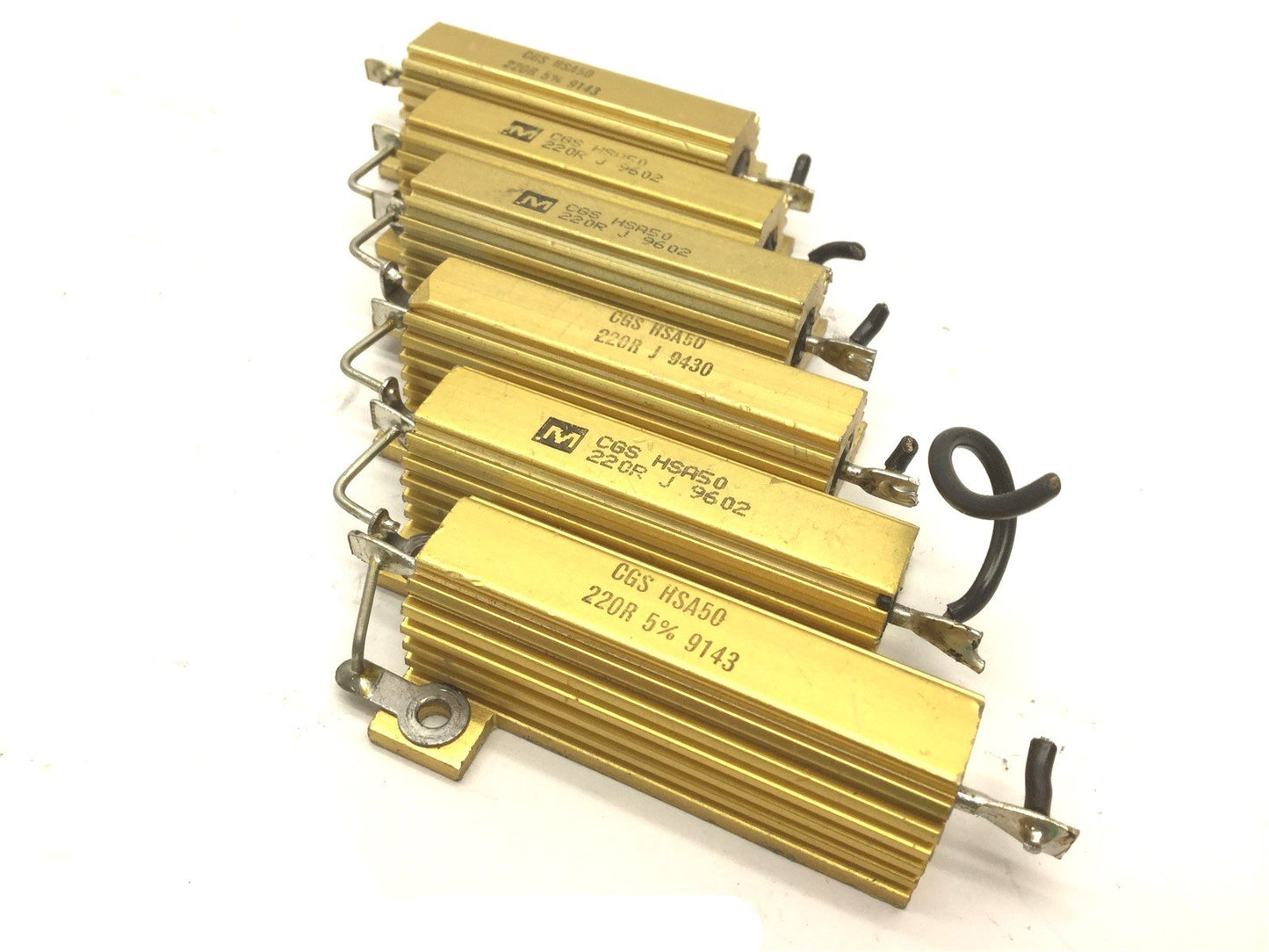 Used Lot of 6 CGS HSA50 220R Power Resistors, 220 Ohms, 5% Tolerance, 50 Watt