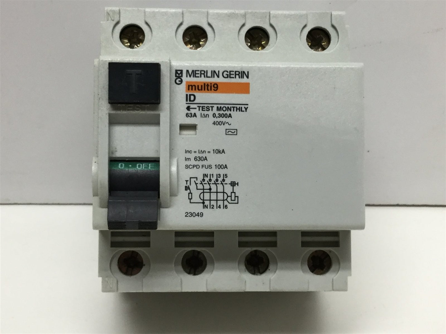 Used Merlin Gerin 23049 Multi9 Instantaneous Circuit Breaker, 4-Pole, 63A, 400VAC