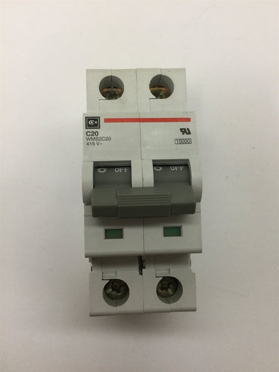 Used Cutler Hammer WMS2C20 Circuit Breaker, 2-Pole, Rating: 20A 415VAC, C-Curve