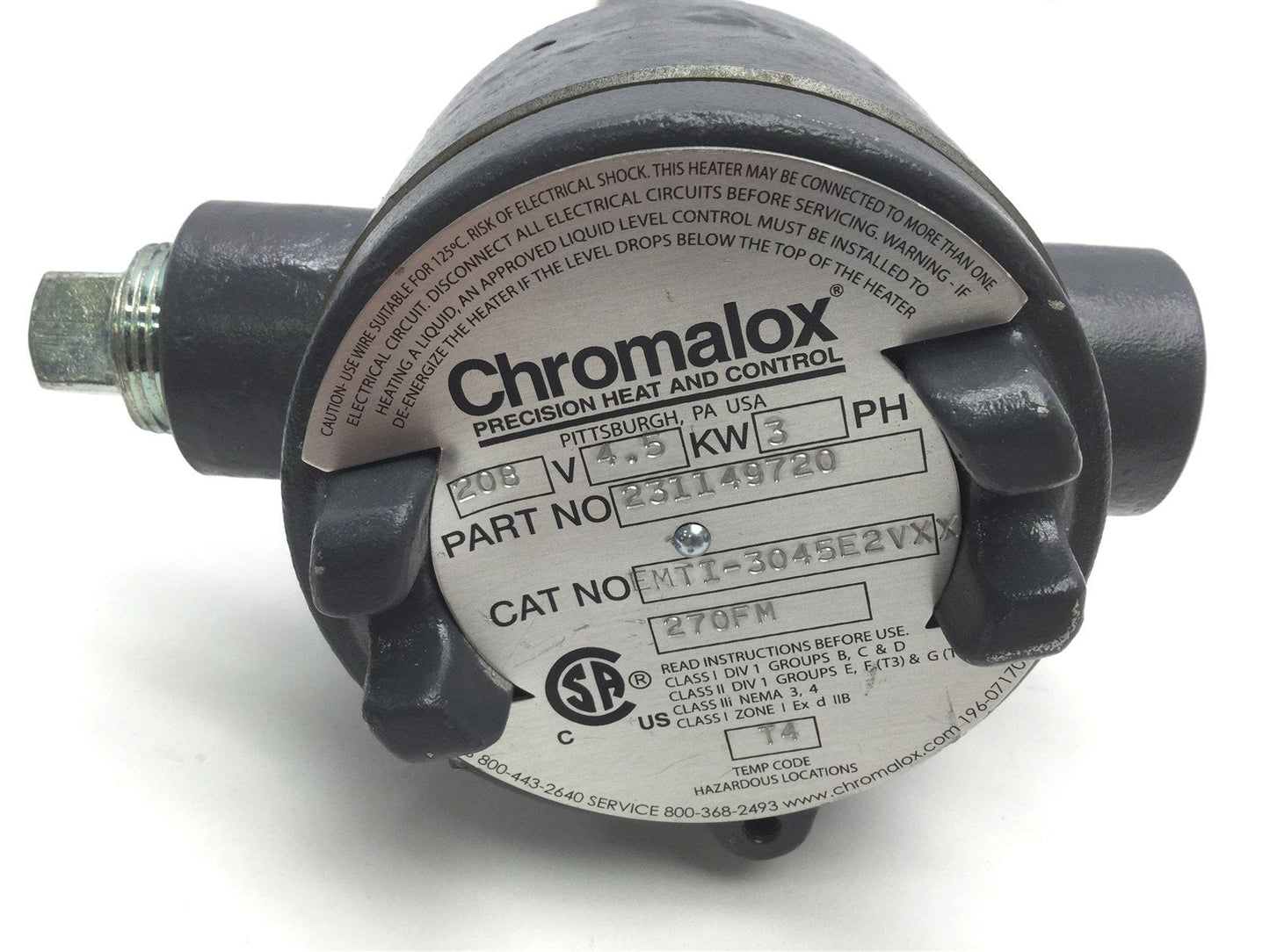 Used Chromalox EMTI-3045E2VXX Immersion Heater, Voltage: 208V, Power: 4.5 KW, 3 Phase
