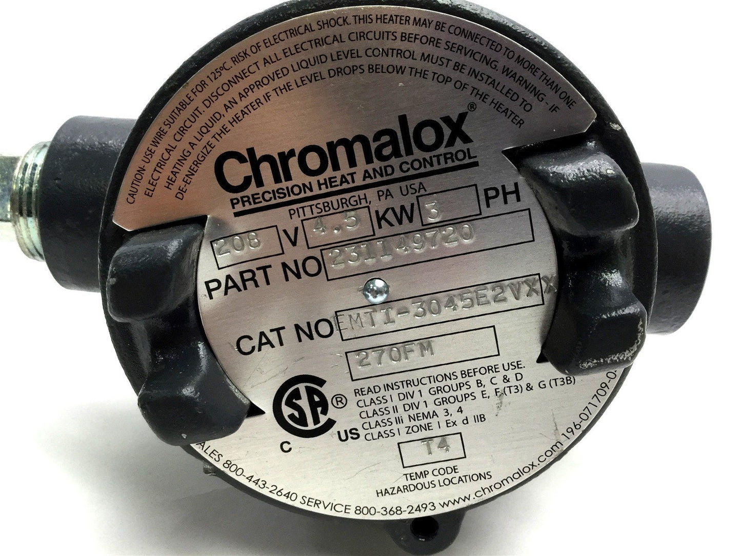 Used Chromalox EMTI-3045E2VXX Immersion Heater, Voltage: 208V, Power: 4.5 KW, 3 Phase