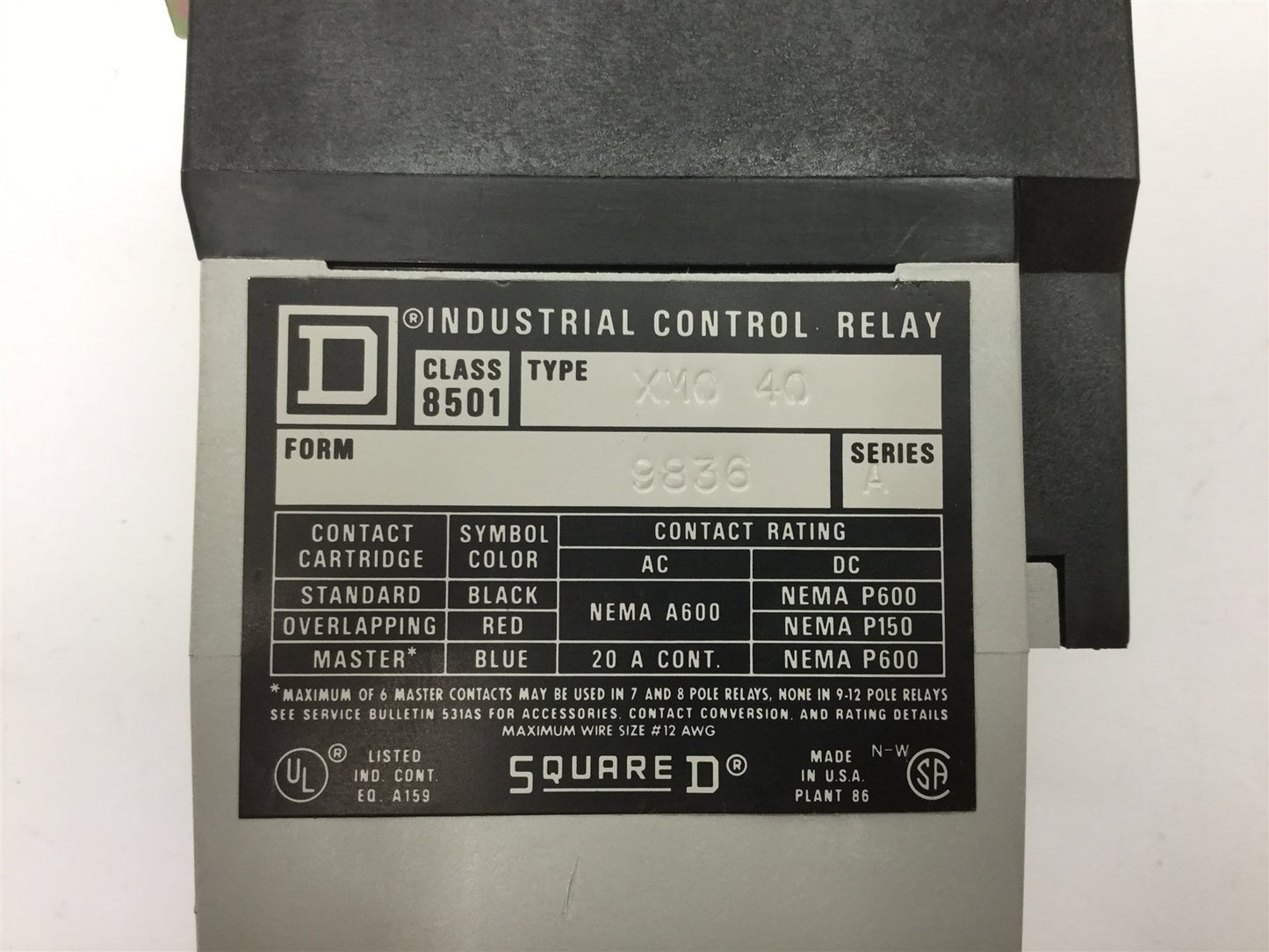 Used Square D 8501 XMO-40 Industrial Control Relay, 4-Pole, Coil: 110/120VAC 50/60Hz