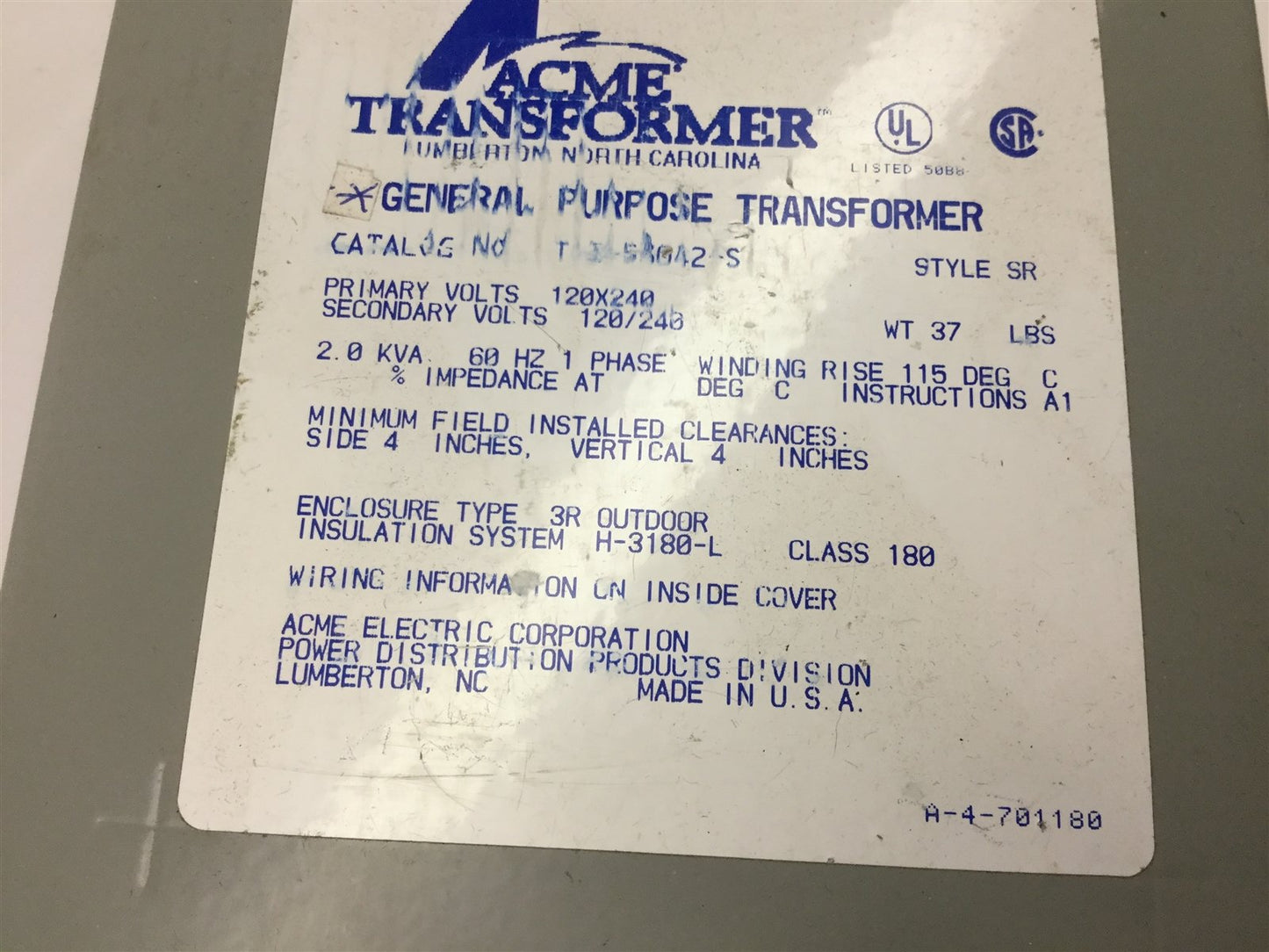Used Acme T-2-53042-S General Purpose Transformer, Pri: 120/240V, Sec: 120/240V, 2kVA