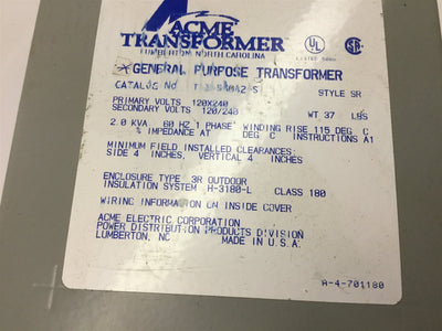Used Acme T-2-53042-S General Purpose Transformer, Pri: 120/240V, Sec: 120/240V, 2kVA