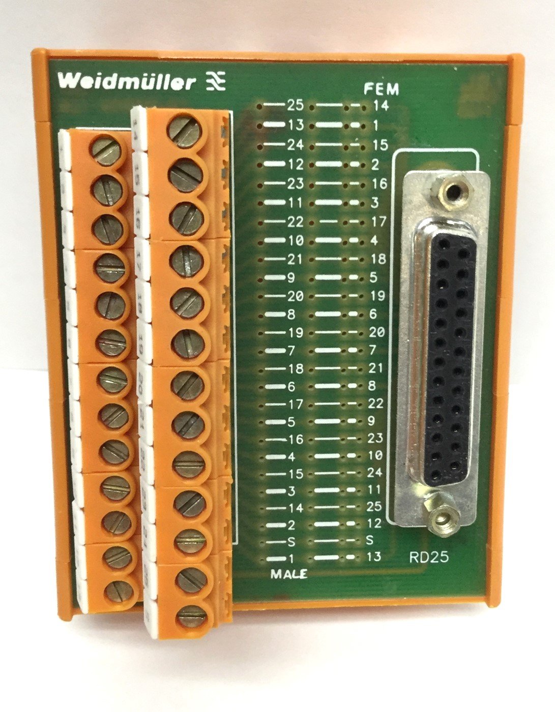 Used Weidmuller 910645/67 Terminal Block Interface Breakout Board D Sub 25, 150V 1.5A