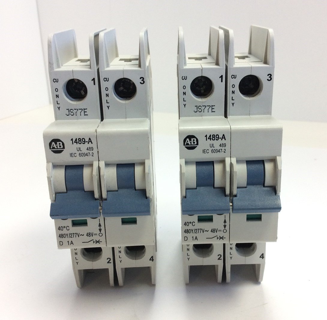 Used Lot of 2 Allen Bradley 1489-A2D010R Circuit Breakers 1 Amp 480Y/277V 48V 2-Pole