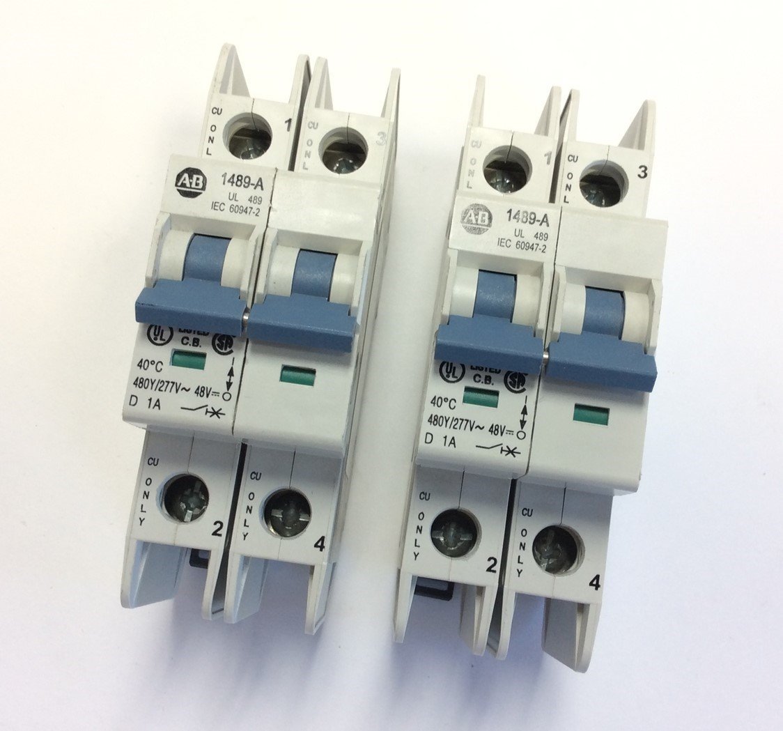 Used Lot of 2 Allen Bradley 1489-A2D010R Circuit Breakers 1 Amp 480Y/277V 48V 2-Pole