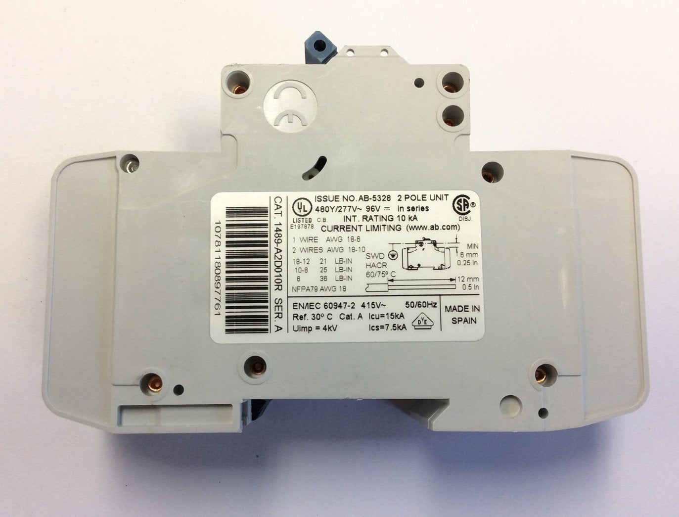 Used Lot of 2 Allen Bradley 1489-A2D010R Circuit Breakers 1 Amp 480Y/277V 48V 2-Pole