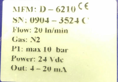 New M+W Instruments D-6210 Mass Flow Meter, 20 ln/min, N2 Gas, 24VDC 4-20mA Output