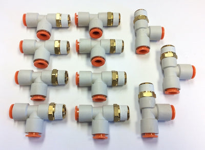 New – Open box Lot of 11 SMC KQ2Y11-36S Pneumatic Male Run Tee Fittings, 3/8" NPT, 3/8" Tubing