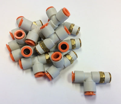 New – Open box Lot of 11 SMC KQ2Y11-36S Pneumatic Male Run Tee Fittings, 3/8" NPT, 3/8" Tubing