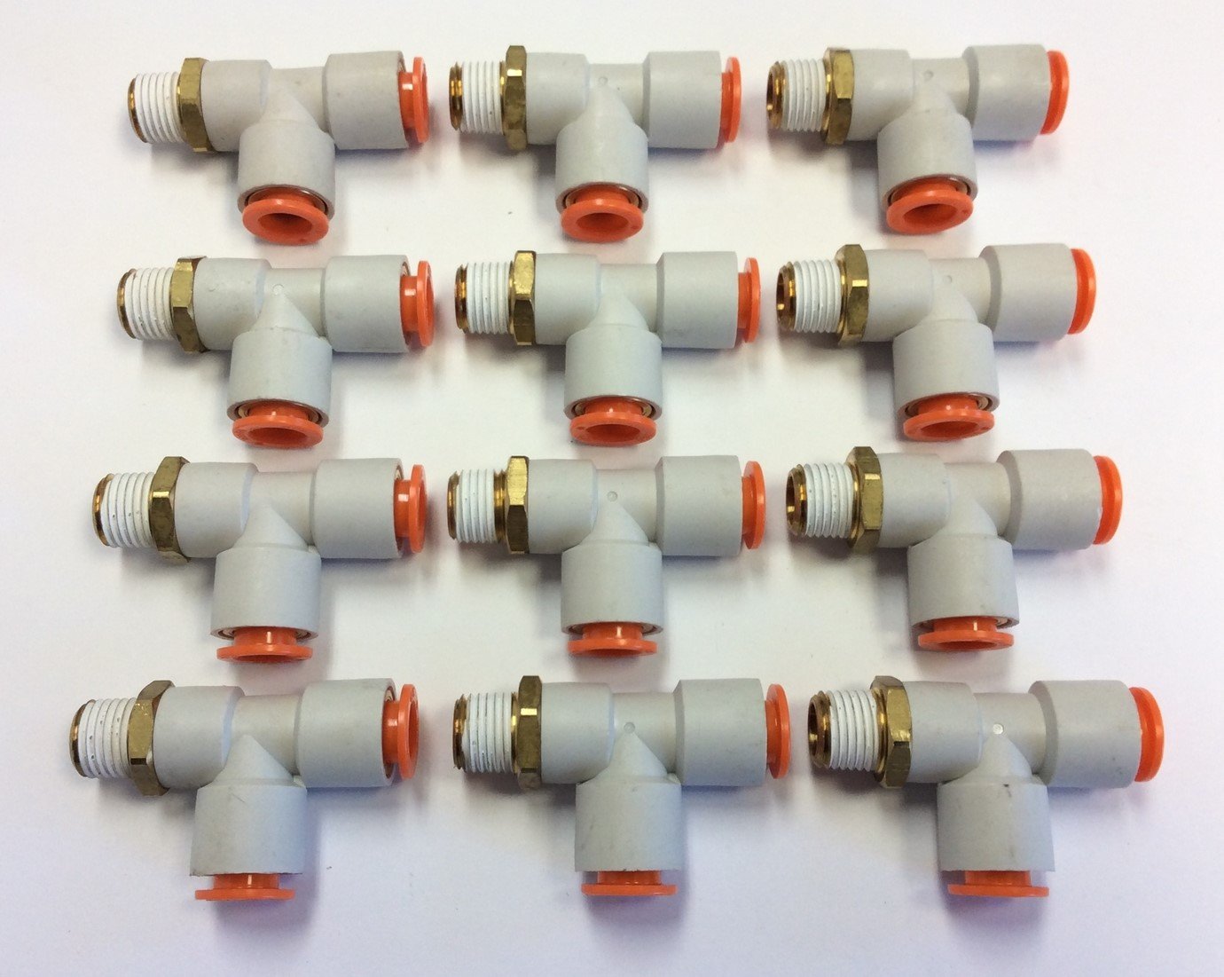 New – Open box Lot of 12 SMC KQ2Y11-35S Pneumatic Male Run Tee Fittings, 1/4" NPT, 3/8" Tubing
