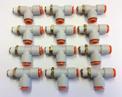New – Open box Lot of 12 SMC KQ2Y11-35S Pneumatic Male Run Tee Fittings, 1/4" NPT, 3/8" Tubing
