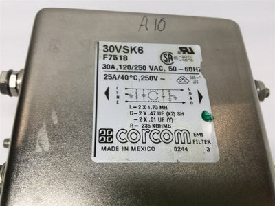 Used Corcom 30VSK6 General Purpose Power Line EMI RFI Filter, 30A, 250VAC