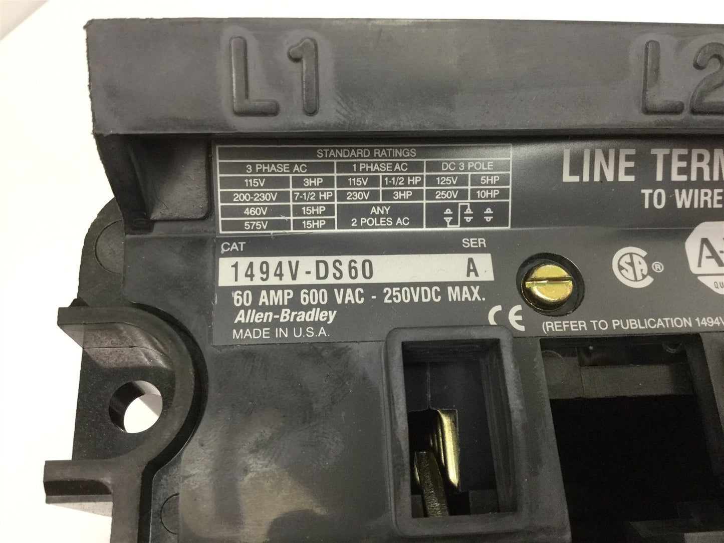 Used Allen Bradley 1494V-DS60 Disconnect Switch, 3-Pole, Rating: 60A 600VAC/250VDC
