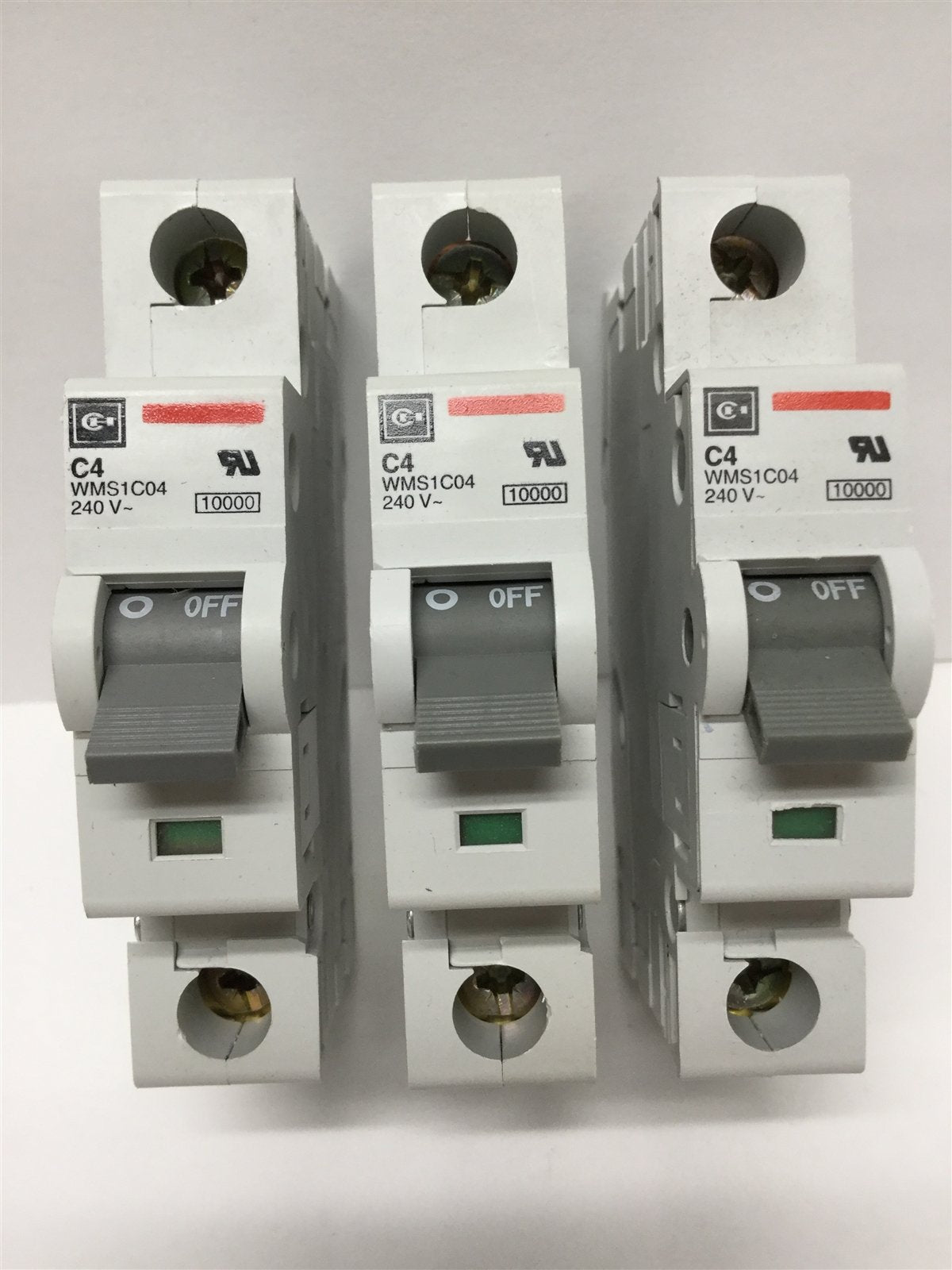 Used Lot of 3 Cutler Hammer WMS1C04 Circuit Breakers Single-Pole 240VAC 4A DIN Rail