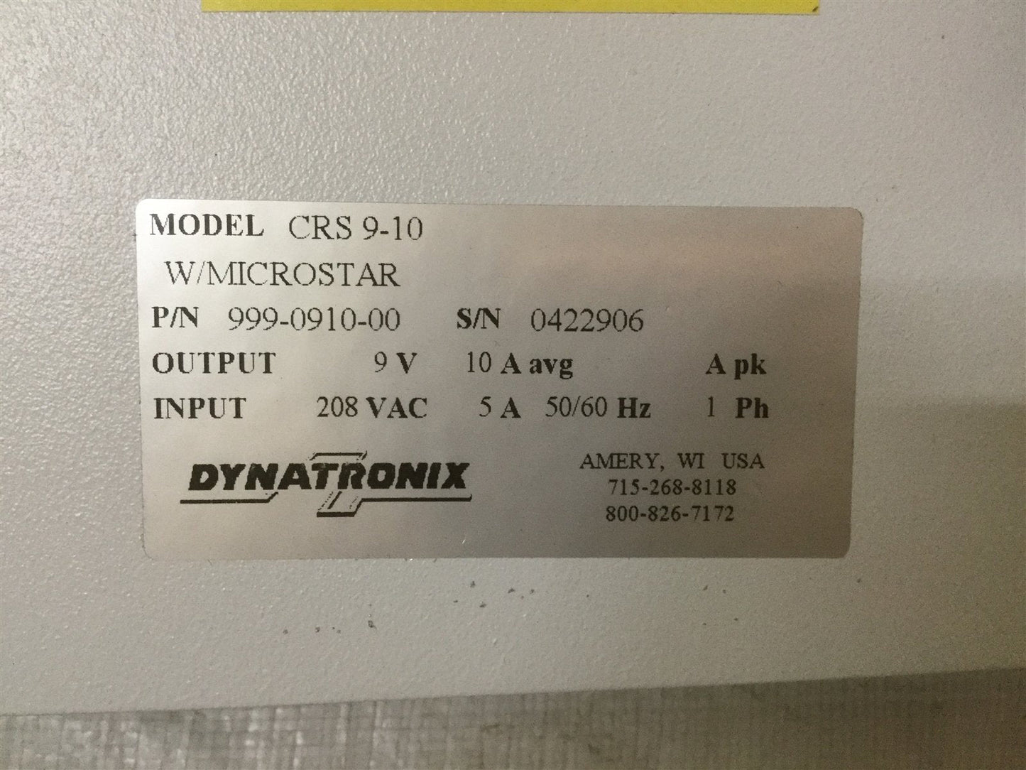 Used Dynatronix CRS9-10 DC Power Supply, Out: 9V 10A w/Microstar & Analog PLC *Detail