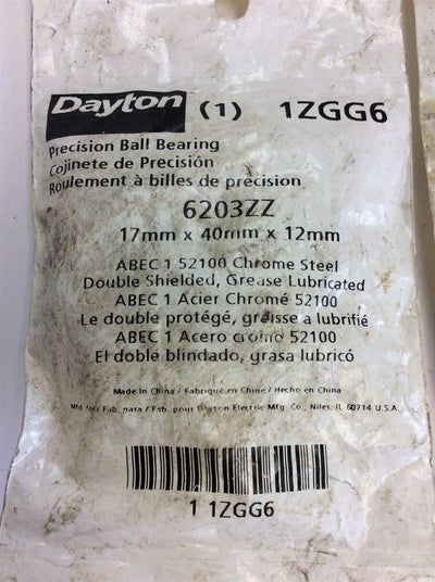 New Lot of 4 Dayton 1ZGG6 Precision Ball Bearings 17mm 40mm 12mm Lubricated Steel