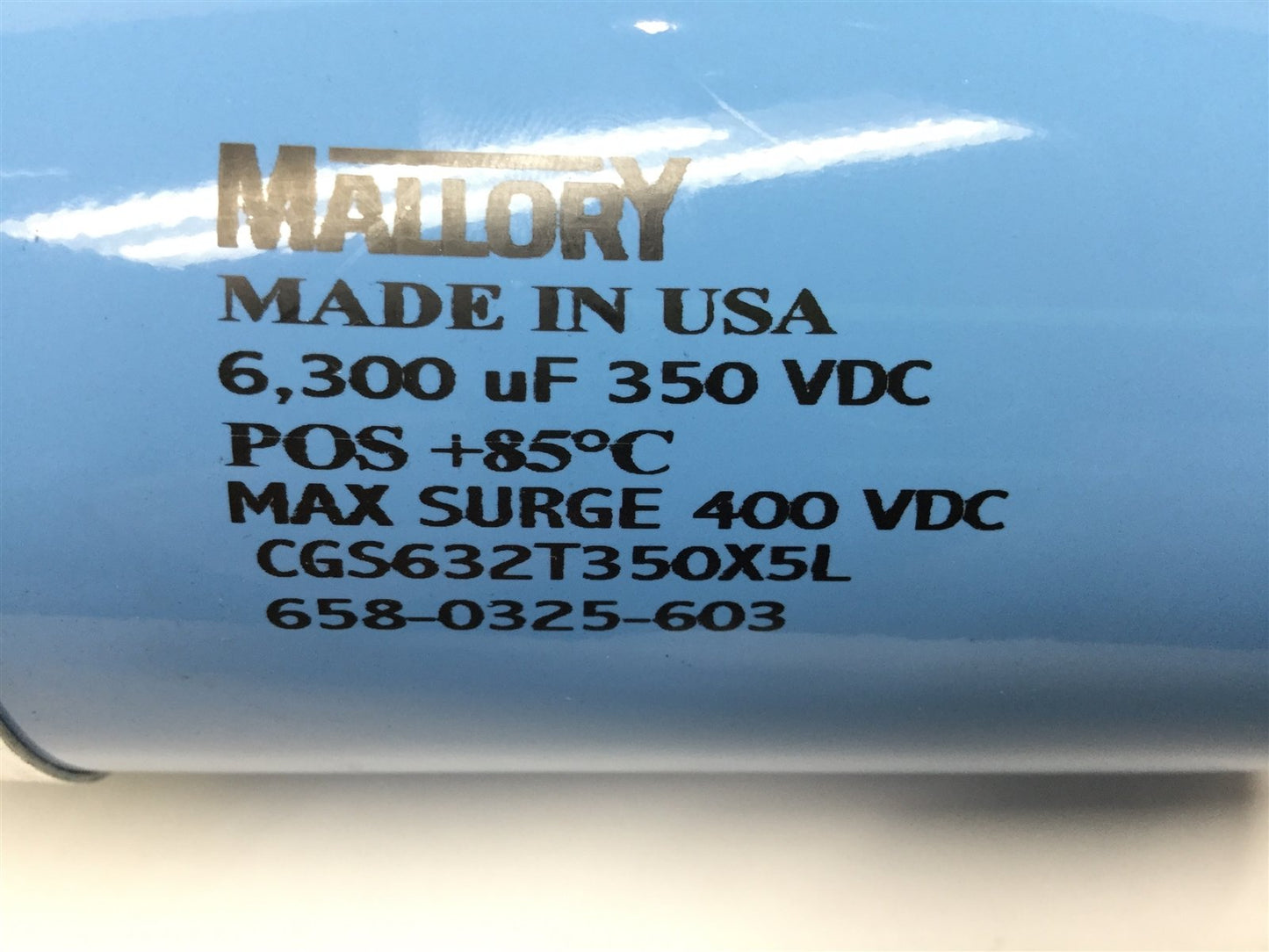 Used Mallory CGS632T350X5L Electrolytic Capacitor 6300uF MFD, 350VDC, w/ Bracket