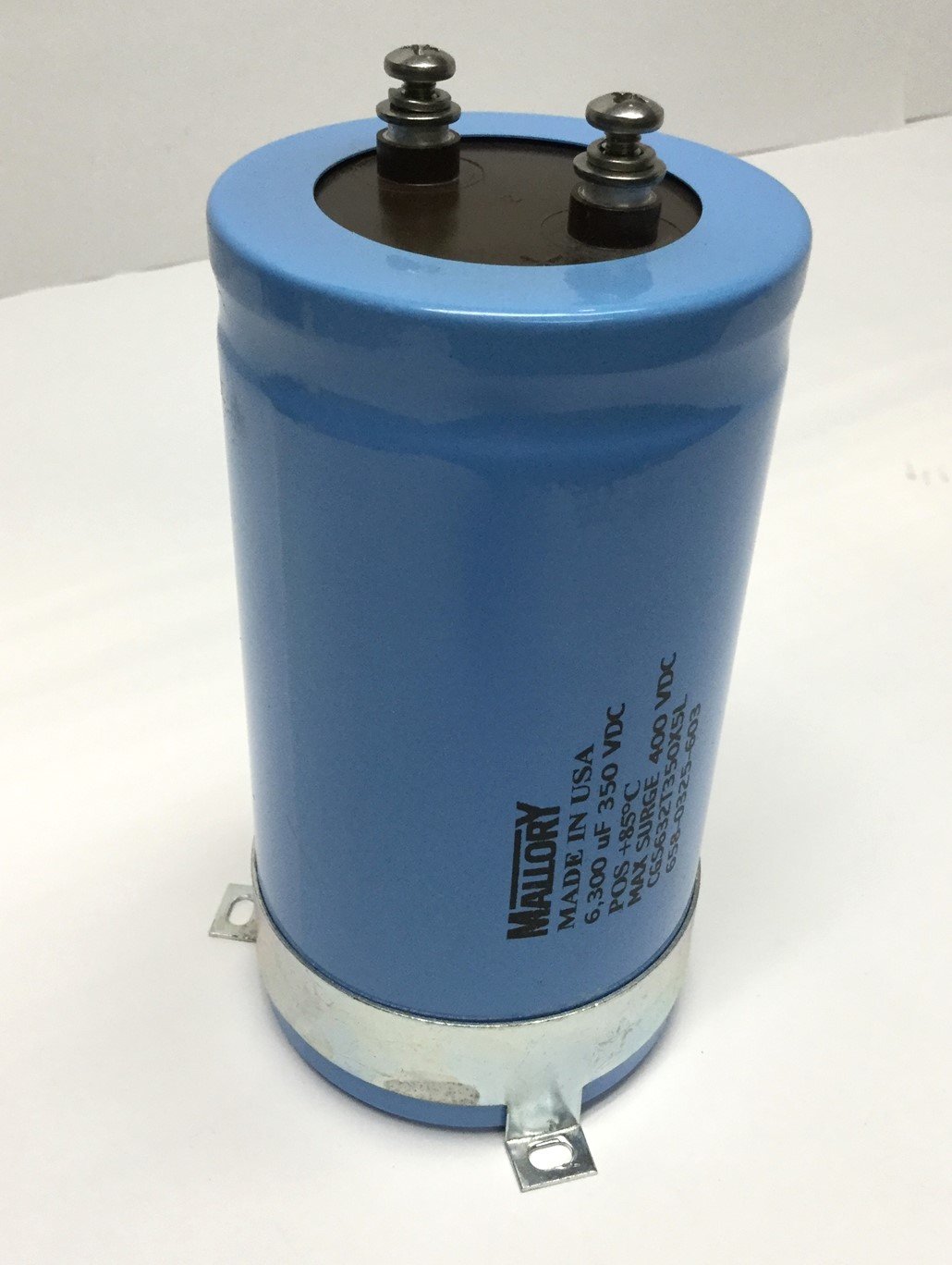 Used Mallory CGS632T350X5L Electrolytic Capacitor 6300uF MFD, 350VDC, w/ Bracket