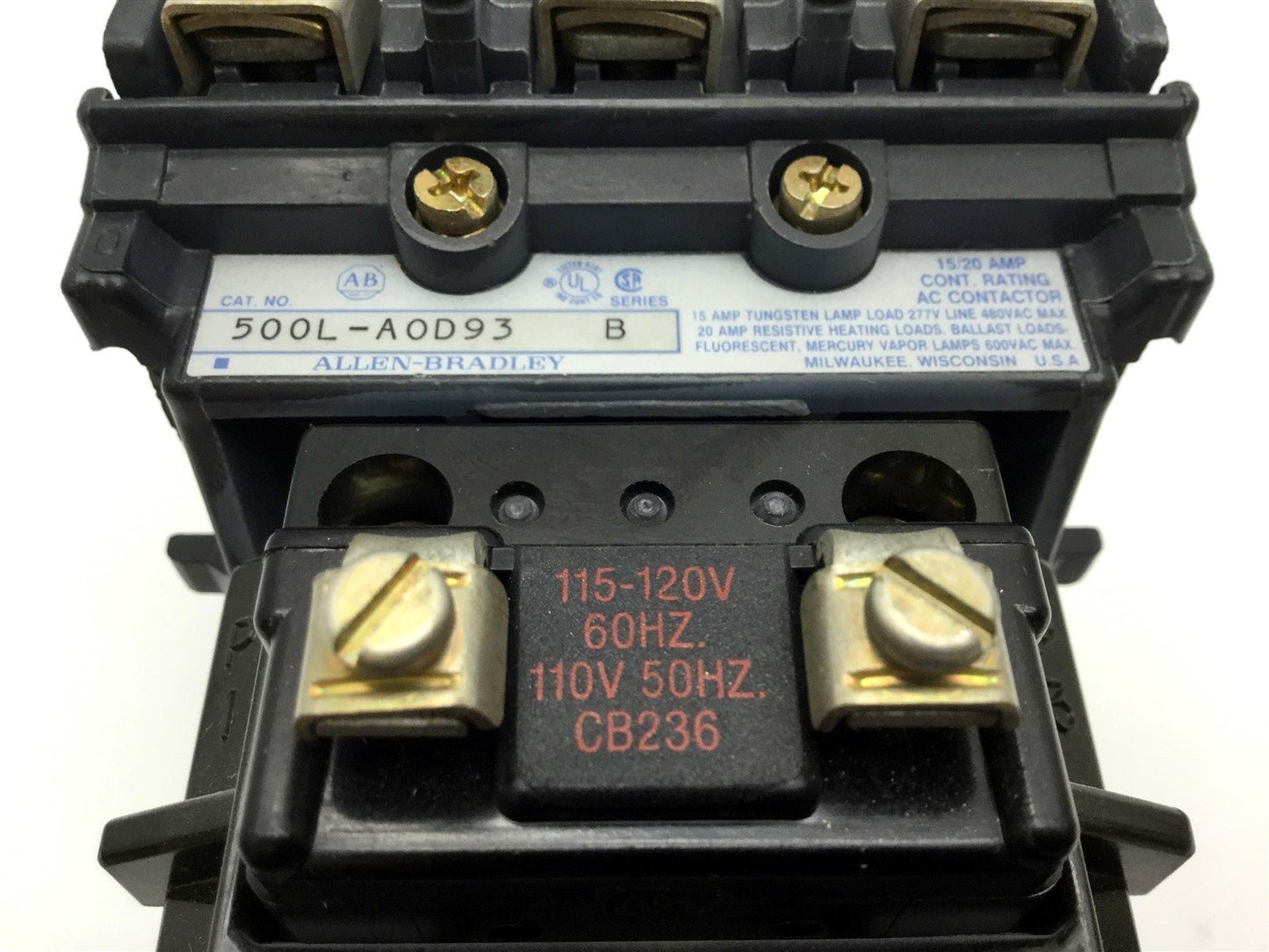 Used Allen Bradley 500L-AOD93 Lighting Contactor, Coil: 110-120VAC 50/60Hz, 600VAC