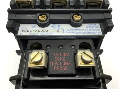 Used Allen Bradley 500L-AOD93 Lighting Contactor, Coil: 110-120VAC 50/60Hz, 600VAC