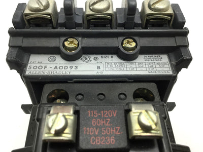 Used Allen Bradley 500F-AOD93 Motor Starter Contactor, 110-120VAC Coil, 600VAC, 5HP