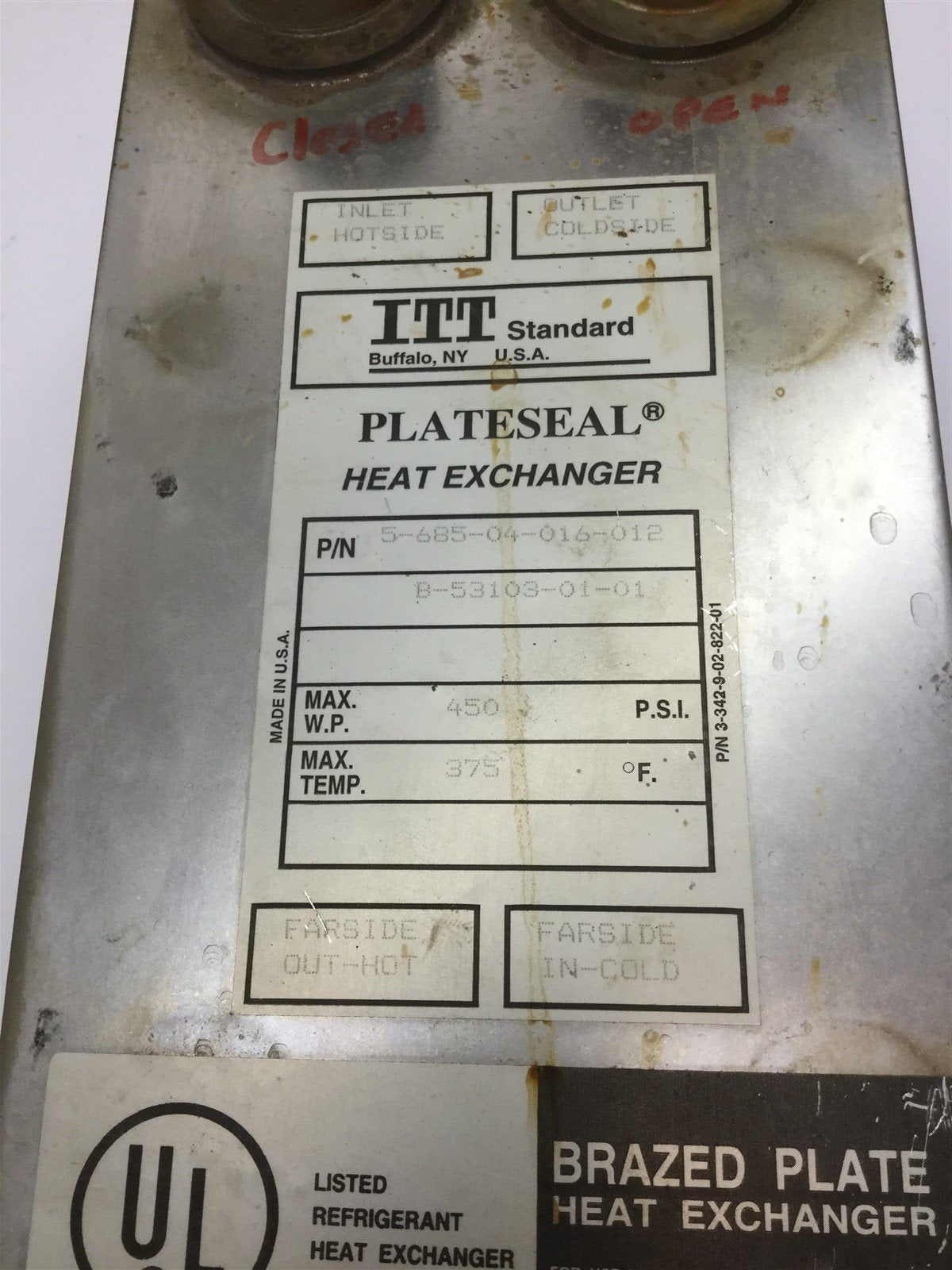 Used ITT Standard 5-685-04-016-012 Plateseal Heat Exchanger, Pressure: 450psi Max