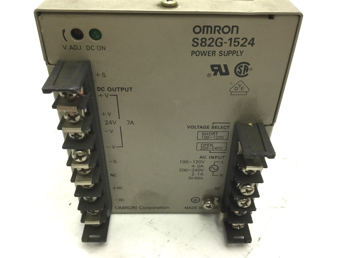 Used Omron S82G-1524 Power Supply, Input: 120/240VAC 50/60Hz, Output: 24VDC