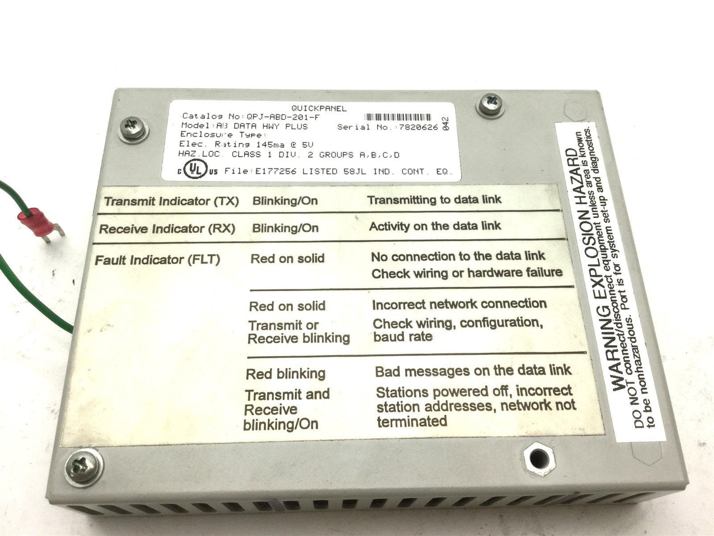 Used GE Fanuc QPJ-ABD-201-F Quickpanel AB Data Highway Plus Module, 145mA 5VDC