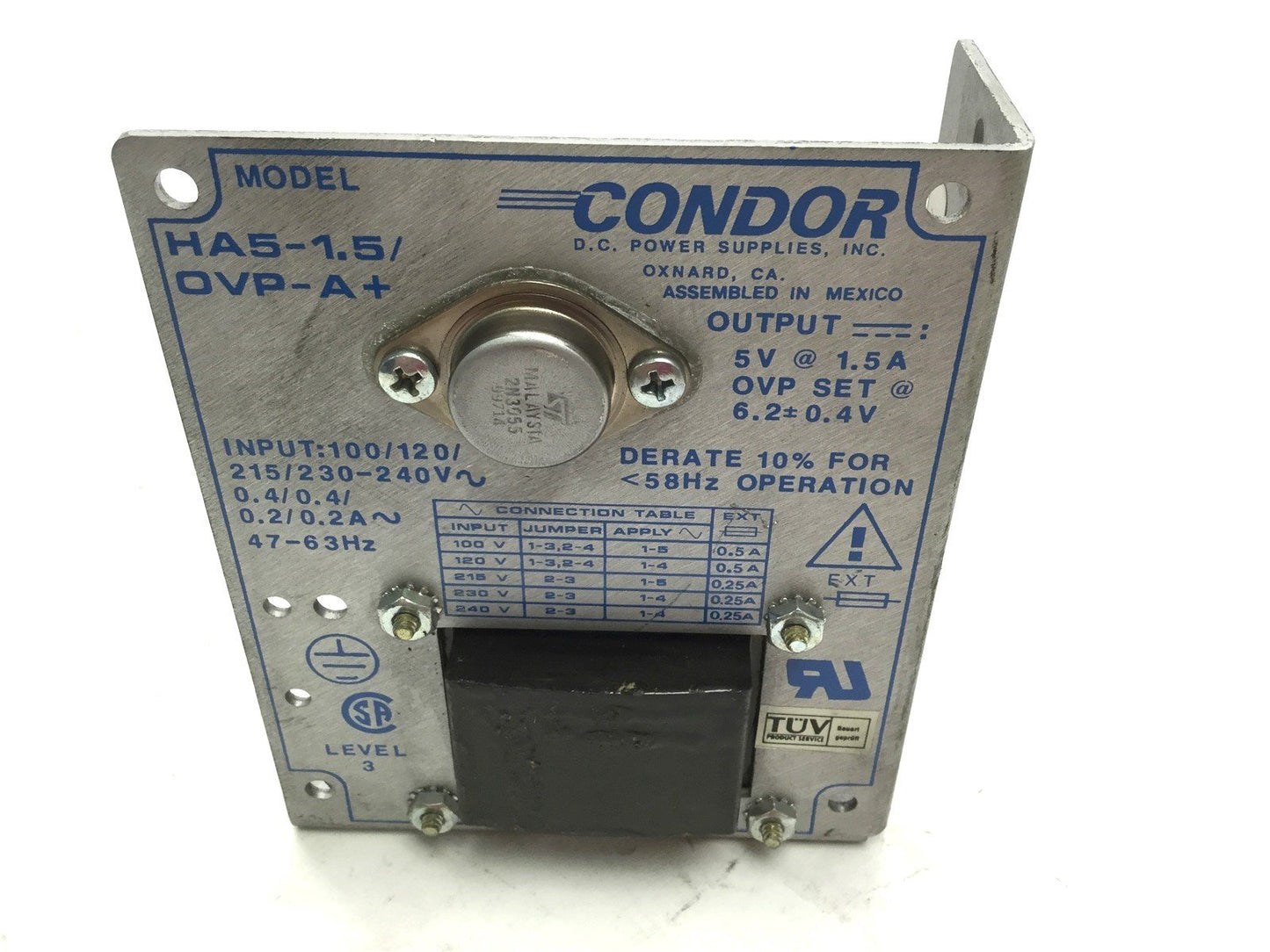 Used Condor HA5-1.5 OVP-A+ Power Supply, Input: 100/120/215/230-240VAC Out: 5VDC 1.5A