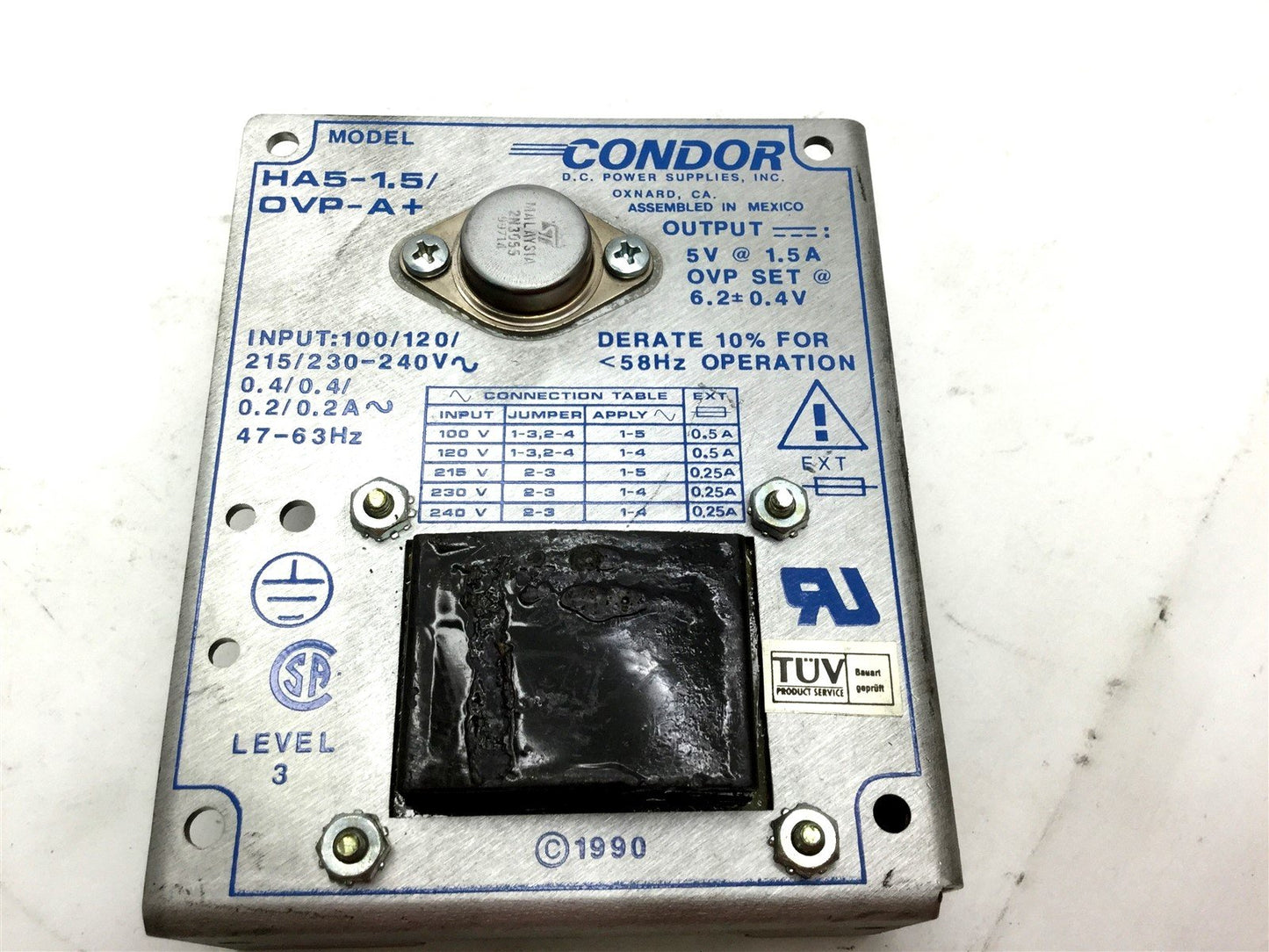 Used Condor HA5-1.5 OVP-A+ Power Supply, Input: 100/120/215/230-240VAC Out: 5VDC 1.5A