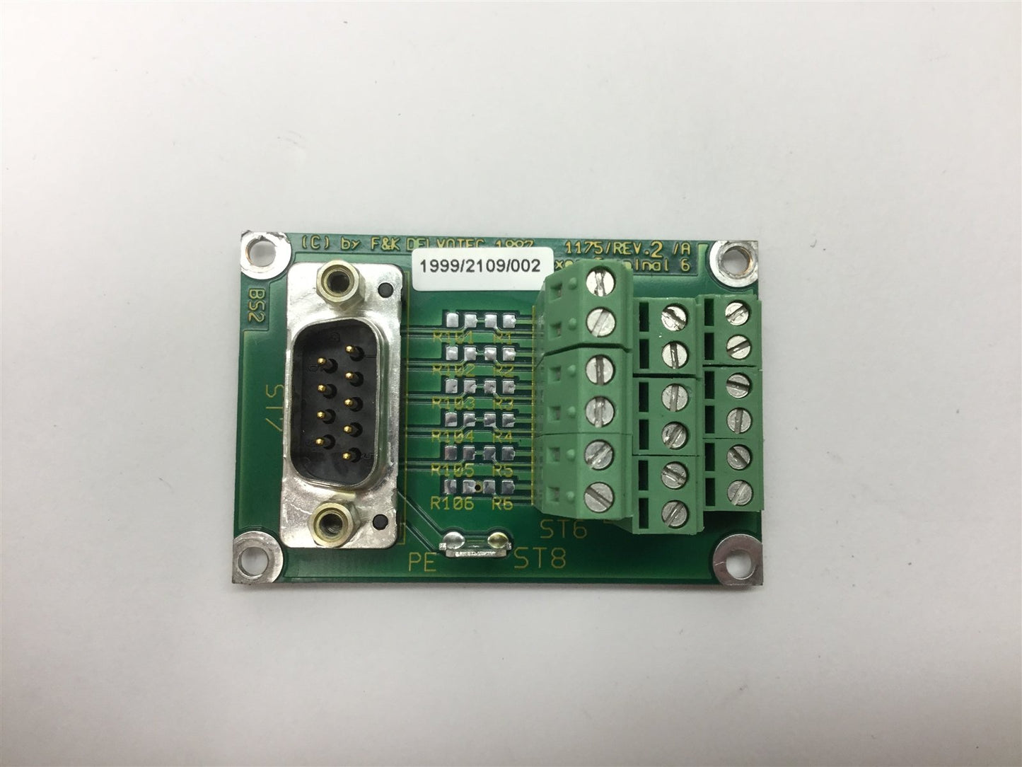 Used F&K Delvotec 1175 Rev.2/A Indexer Terminal 6, 9-Pin Male D-Sub to Screw Terminal