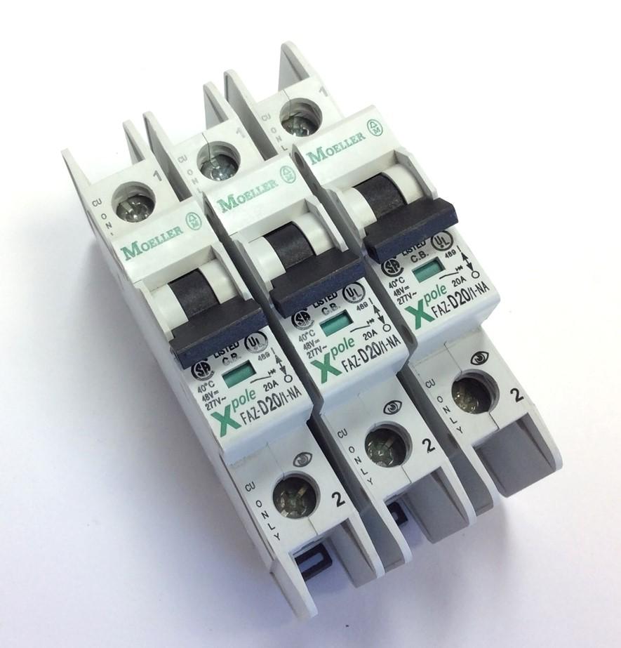 Used Lot of 3 Moeller FAZ-D20/1-NA Circuit Breakers, 1 Pole, Rating: 20A 48VDC 277VAC
