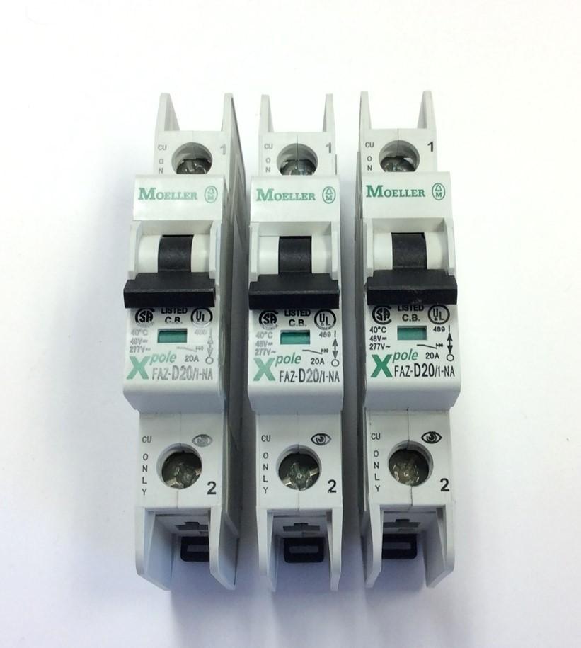 Used Lot of 3 Moeller FAZ-D20/1-NA Circuit Breakers, 1 Pole, Rating: 20A 48VDC 277VAC