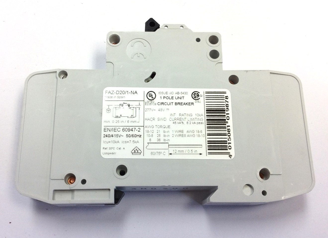 Used Lot of 3 Moeller FAZ-D20/1-NA Circuit Breakers, 1 Pole, Rating: 20A 48VDC 277VAC