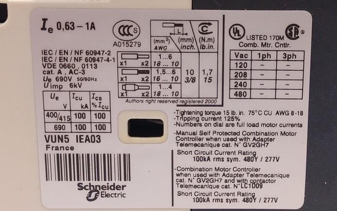 Used Telemecanique GV2-P05H7 Motor Starter Circuit Breaker Controller 3-Pole, 0.63-1A