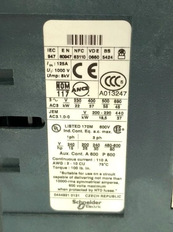 Used Telemecanique LP1-D8011 Motor Contactor, 3-Pole NO, 60HP @ 480VAC, 1000VAC 125A