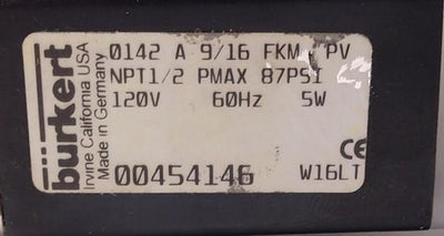 Used Burkert 0142 00454146 Solenoid Valve, 120V, 60Hz, 5W, Pmax 87 PSI w/Flying Leads