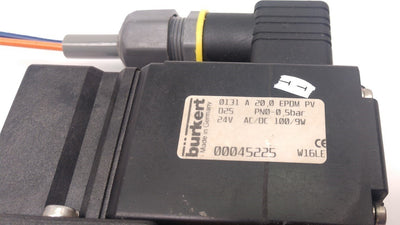 Used Burkert 0131 00045225 Solenoid Valve, 24V AC/DC, 9W, 5bar, w/ Flying Leads
