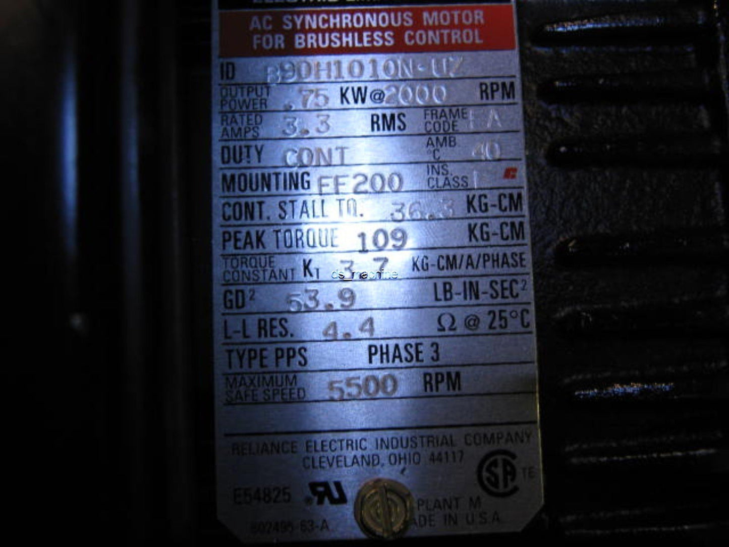 Used Reliance Electric B90H1010N-UZ AC Motor 0.75KW, 109-KG-CM, 5500RPM, 3PH, 35mm-OD