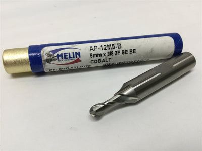 New – Open box Melin AP-12M5-B Ball Nose Radius 5mm End Mill, 30 Degree Helix Cobalt, 2-Flute