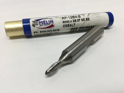 New – Open box Melin AP-12M4-B Ball Nose Radius 4mm End Mill, 30 Degree Helix Cobalt, 2-Flute