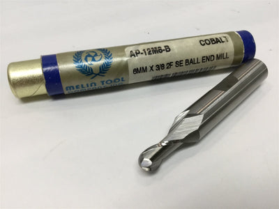 New – Open box Melin AP-12M6-B Ball Nose Radius 6mm End Mill, 30 Degree Helix Cobalt, 2-Flute