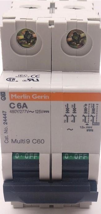 Used Merlin Gerin Multi9 C60 Circuit Breaker, 2 Pole, C-Curve, 6A, 480Y/277VAC