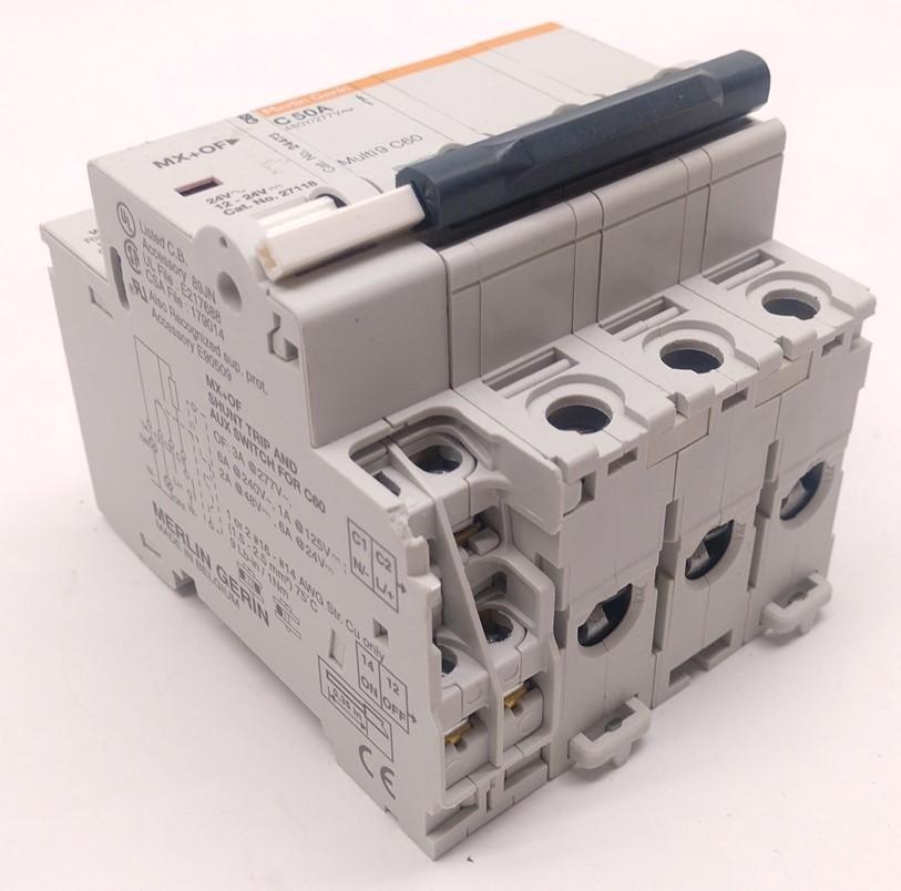 Used Merlin Gerin Multi9 C60 Circuit Breaker, 3 Pole, C-Curve, 50A, w/ MX+OF Switch