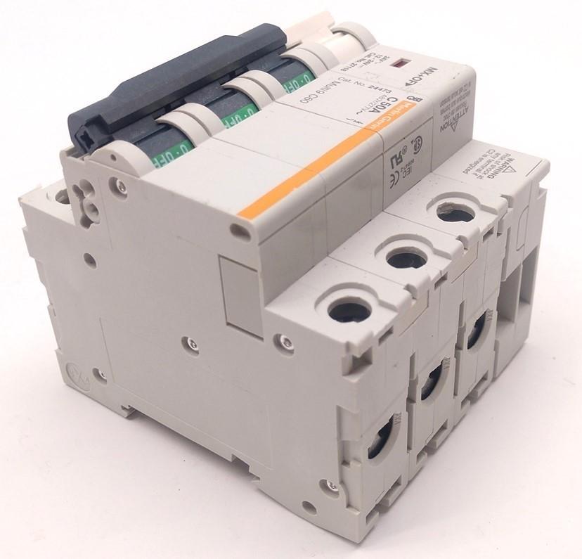 Used Merlin Gerin Multi9 C60 Circuit Breaker, 3 Pole, C-Curve, 50A, w/ MX+OF Switch