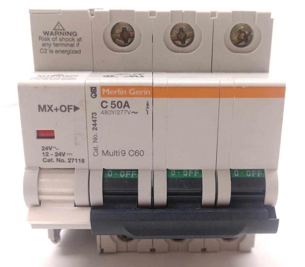 Used Merlin Gerin Multi9 C60 Circuit Breaker, 3 Pole, C-Curve, 50A, w/ MX+OF Switch